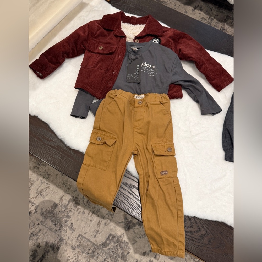 NWT Fido 3 pc set: Burgundy corduroy jacket, gray long sleeve shirt, khaki pants